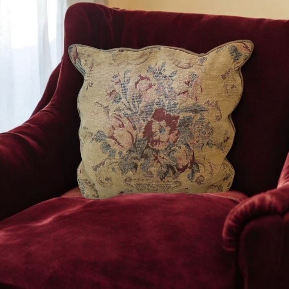 Floral Bouquet Tapestry Tan Red Throw Pillow - Picture 1 of 4